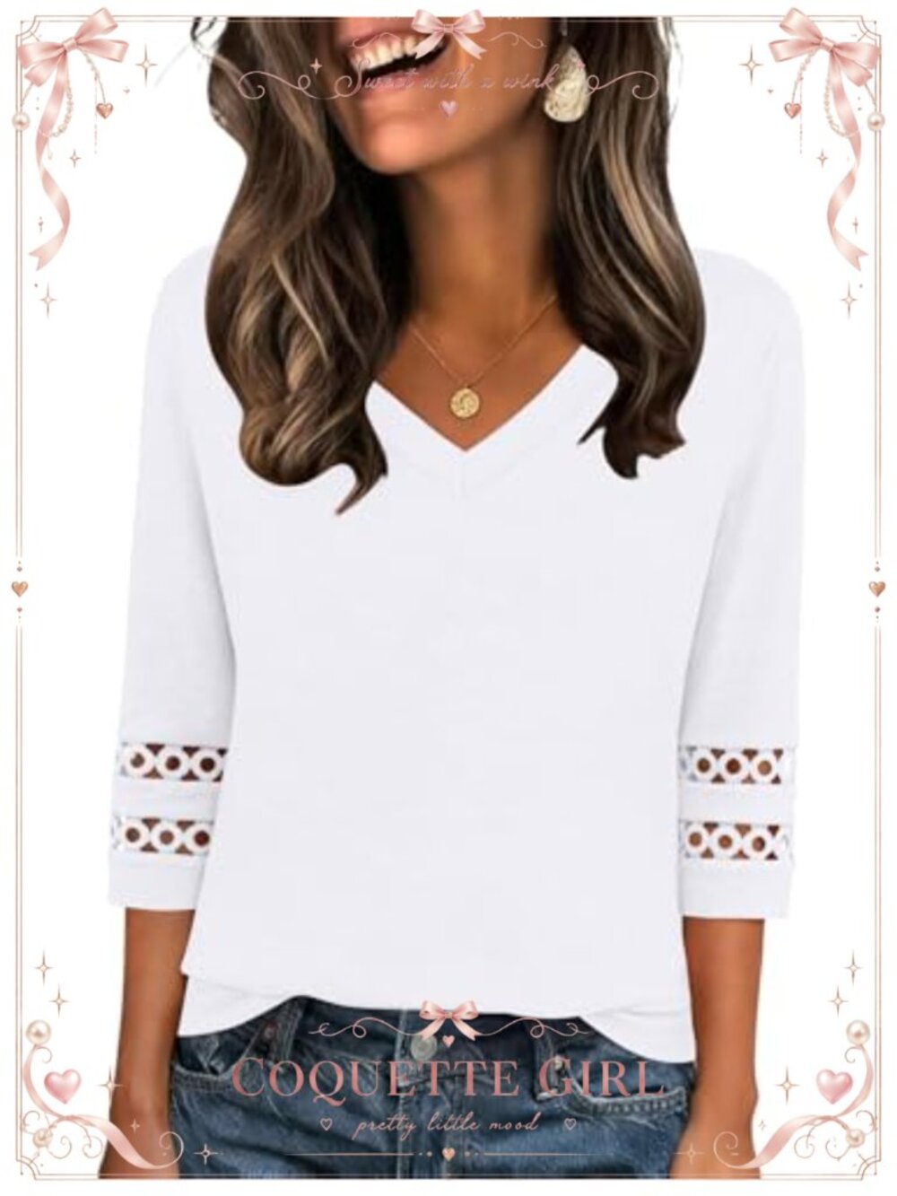Women's 3/4 Eyelet Sleeve V Neck Blouse Dressy Casual Summer Work Top